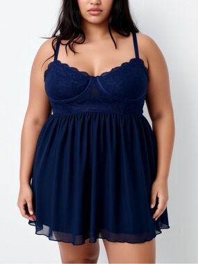 Torrid Plus Size 2X Navy Blue Lace Babydoll Lingerie Chemise Intimates Sleepwear